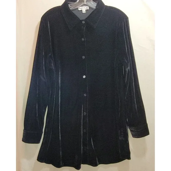 Rebecca Malone Black Velvet Button Front Large Tunic Shirt Womens L-Slv NEW - Picture 1 of 14